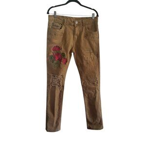 Ravemen Brown Women's Moto Biker Black Label Jeans with Rose Detail Sz 32